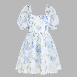 Cider Satin Floral Puff Sleeve Mini Dress